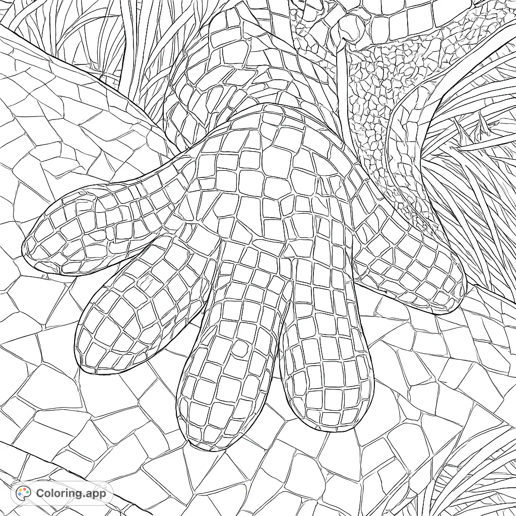 Explore the intricate details of a mosaic reptilian foot sculpture. This highly detailed coloring page offers a complex tiling pattern, perfect for advanced colorists.