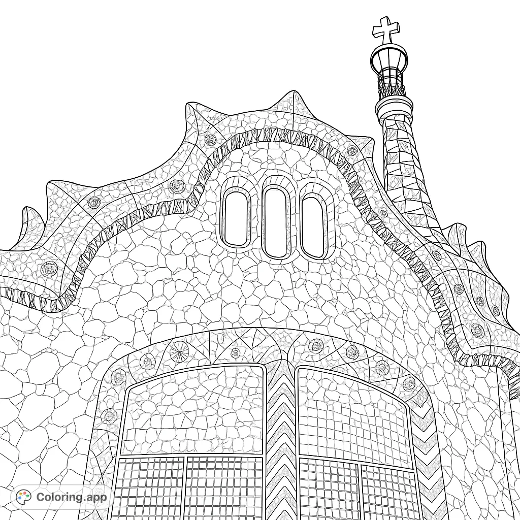 Explore a detailed architectural masterpiece with a wavy, mosaic-clad roof, textured stone walls, and a twisting spire. Perfect for intricate coloring.