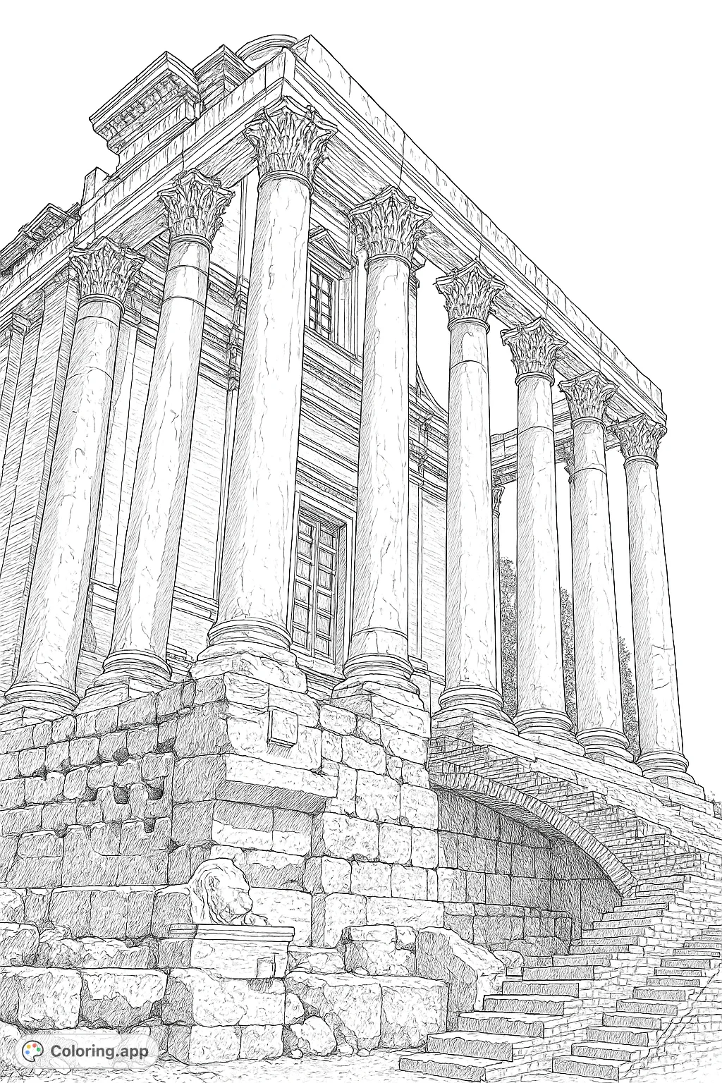 Step back in time with this highly detailed Roman ruins coloring page. Explore majestic columns, ancient architecture, and intricate stonework from a historic era.