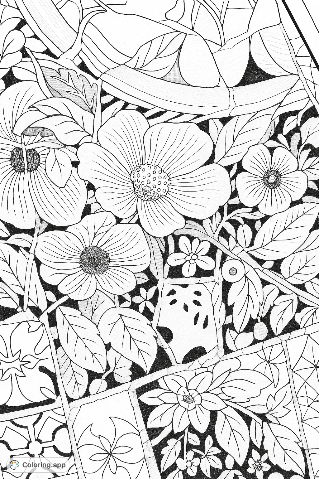 An intricate floral mosaic coloring page featuring a vibrant array of flowers and foliage, composed of countless fragmented tiles. Perfect for detailed coloring.