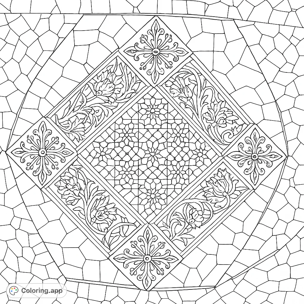 Dive into an intricate mosaic tile pattern coloring page featuring complex geometric shapes and elegant floral motifs, perfect for detailed artistic expression.