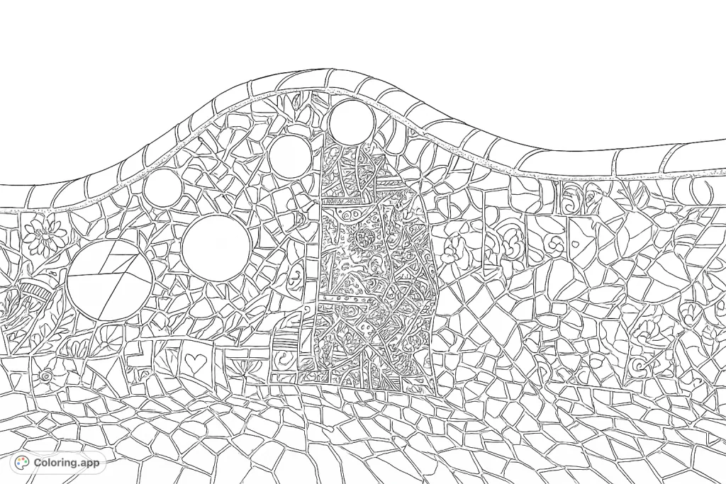 Discover a highly detailed mosaic bench featuring countless small fragments and complex patterns. A challenging and rewarding art piece for experienced colorists.