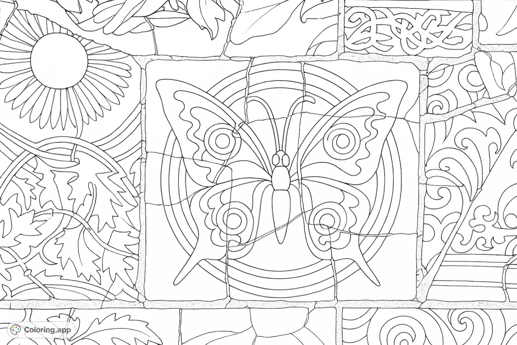 Immerse yourself in this highly detailed mosaic butterfly coloring page. Explore intricate patterns on a central tile surrounded by diverse decorative fragments.