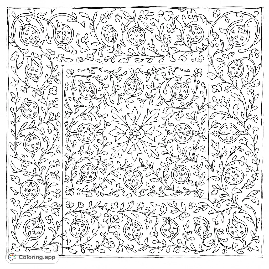 An intricate mosaic coloring page featuring a detailed floral pattern created from broken ceramic tiles, offering a challenging and rewarding artistic experience.