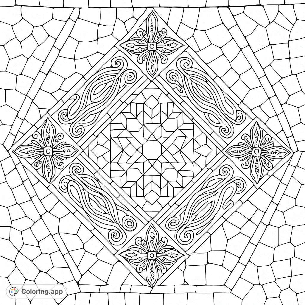 An exquisite, highly detailed mosaic pattern featuring a central geometric design with organic flourishes and intricate fragmented borders. A challenging and rewarding coloring experience.