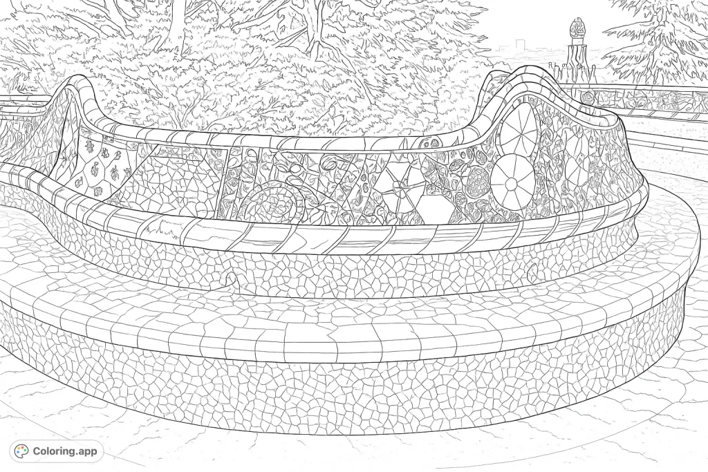 Color a stunning serpentine mosaic bench from a famous park, featuring intricate patterns and a beautiful architectural backdrop. A detailed, realistic challenge.