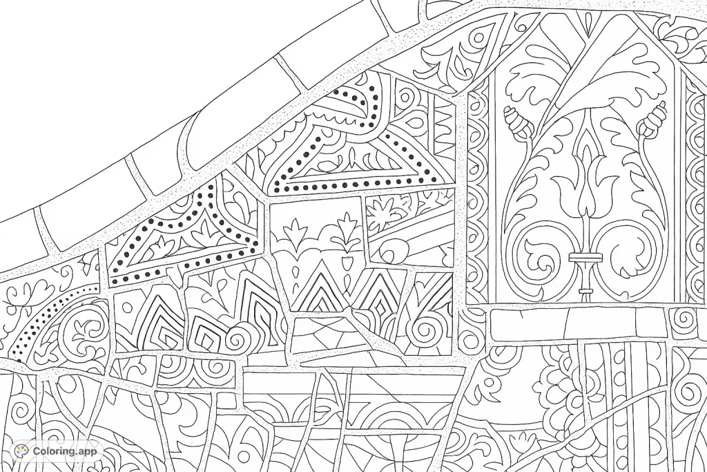 Explore an intricate mosaic art coloring page featuring countless patterned ceramic fragments. Dive into diverse designs and textures, perfect for mindful coloring.