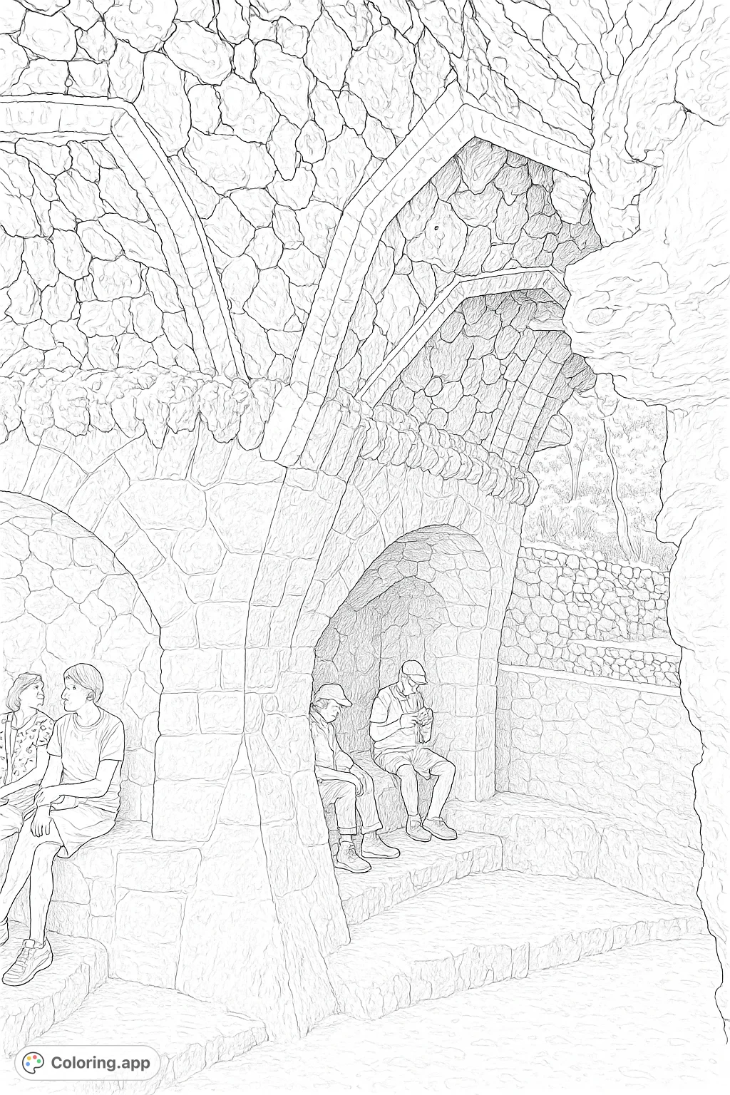 Explore a highly detailed coloring page of an architectural stone grotto with vaulted ceilings, complex archways, and textured stone walls. Perfect for adult colorists.