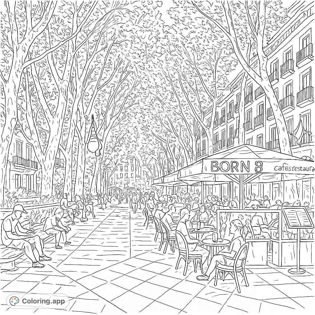 Color a bustling European boulevard, shaded by majestic trees, featuring a lively outdoor cafe and people relaxing on benches. A hand-drawn sketch with moderate detail.