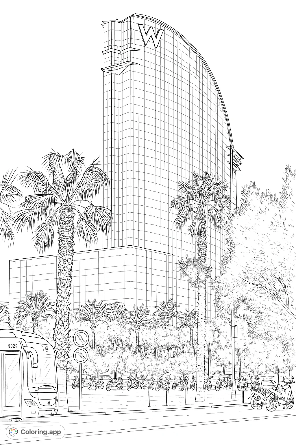 Explore a highly detailed modern skyscraper and bustling urban scene with palm trees and parked scooters. A complex architectural challenge!