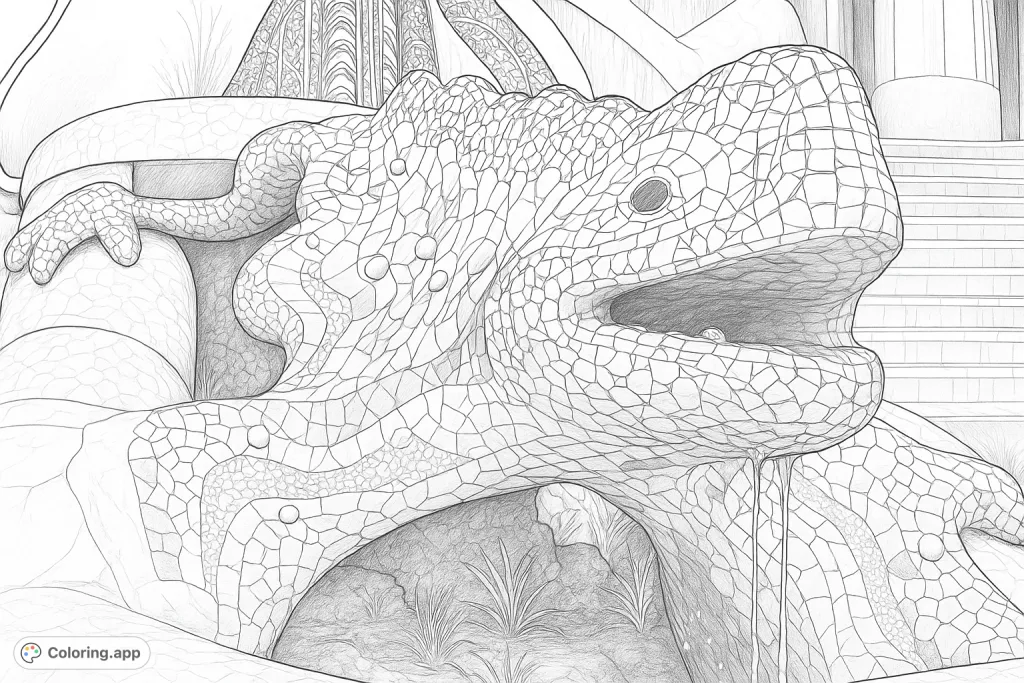 An intricate mosaic lizard sculpture, capturing a whimsical, architectural marvel with detailed scales and a flowing water feature. Perfect for detailed coloring.