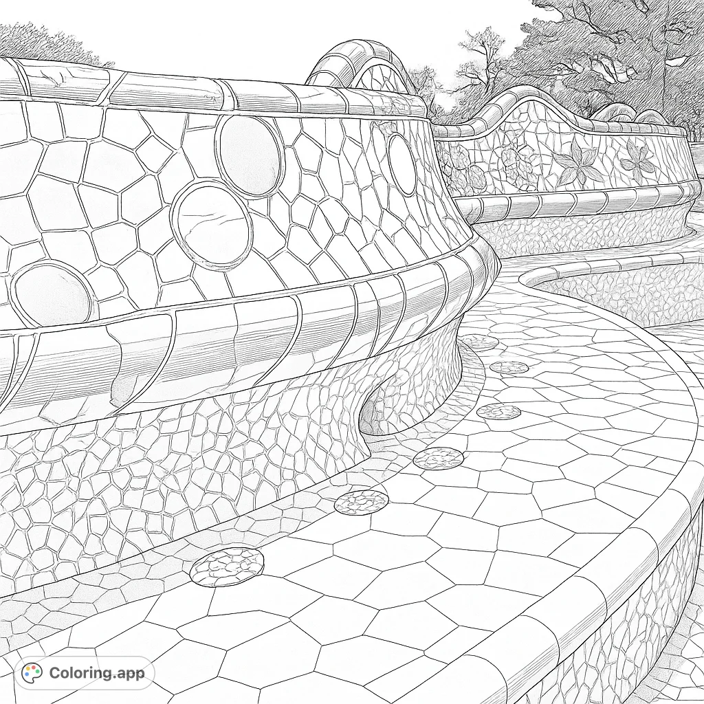 Explore an intricate mosaic bench with wavy forms and detailed tile patterns, offering a captivating challenge for colorists and architecture enthusiasts.