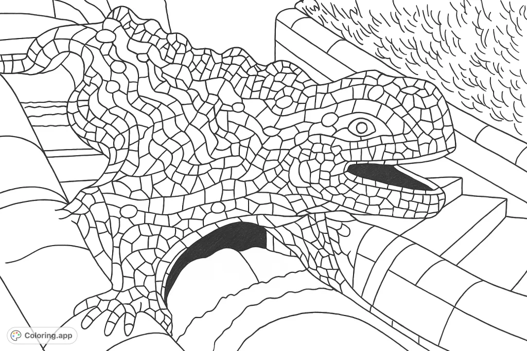 Explore a unique mosaic serpent sculpture, a blend of architectural form and reptilian grace. A fascinating free printable coloring page for all ages.