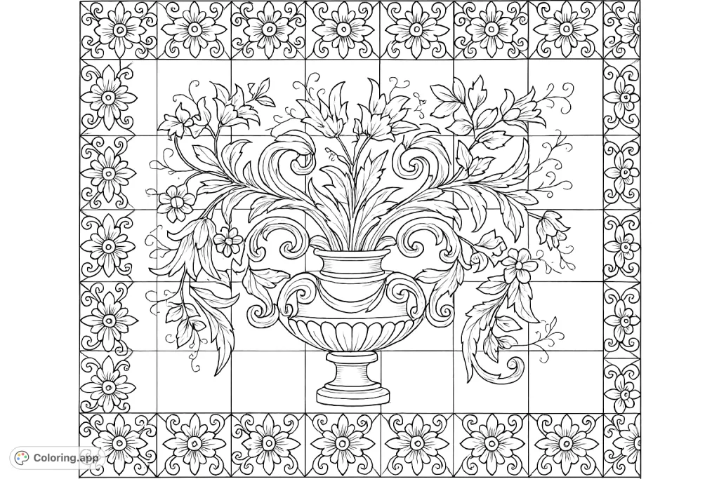 An intricate floral vase design framed by decorative border tiles. This highly detailed coloring page offers a realistic, challenging, and rewarding artistic experience.