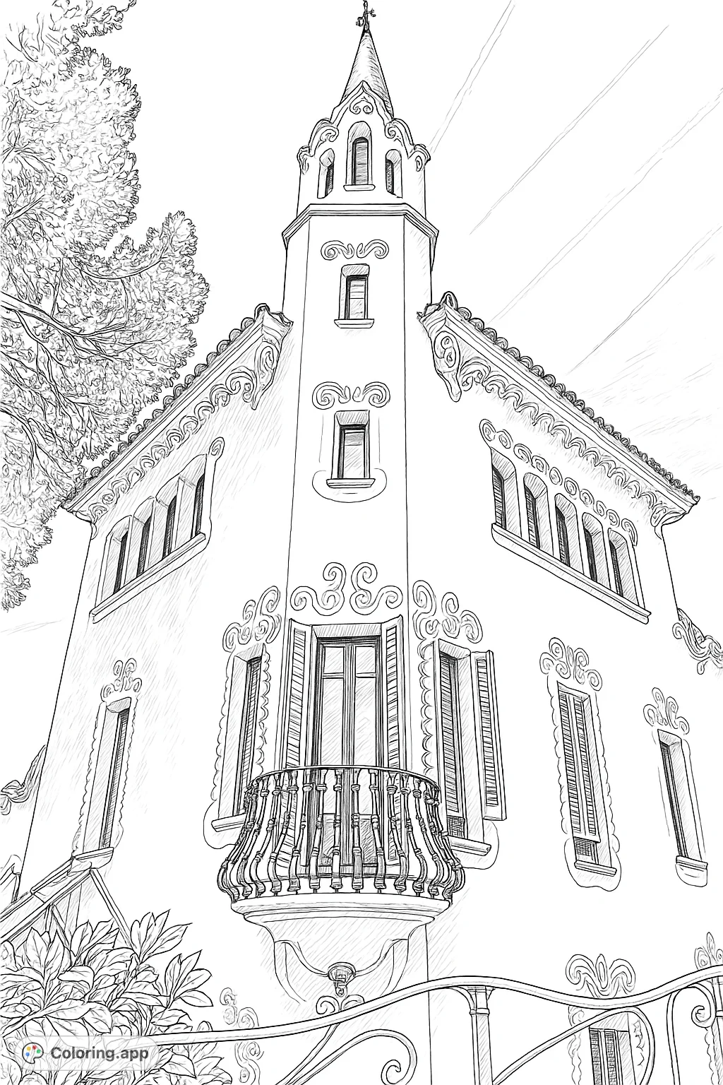 Explore a grand, detailed architectural facade with an elegant tower, intricate balcony, and elaborate decorative patterns. A free printable coloring page for enthusiasts.