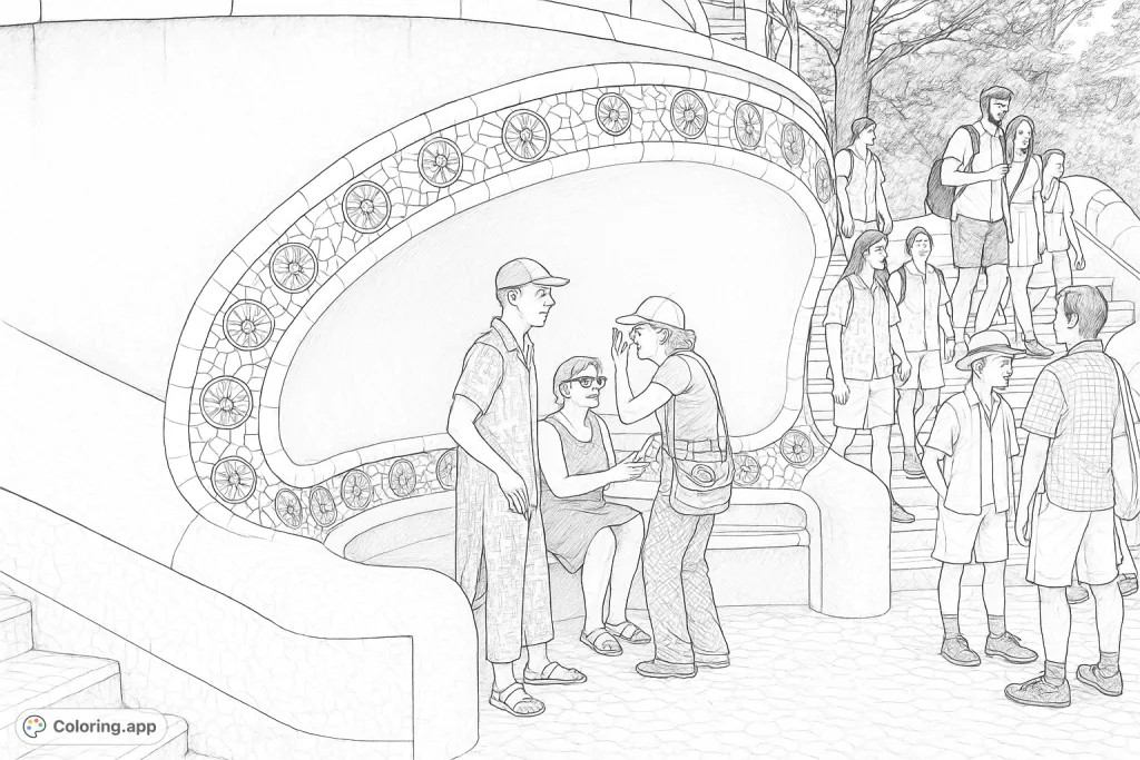 Explore a vibrant park scene featuring unique mosaic architecture and various visitors. A detailed design for creative expression.