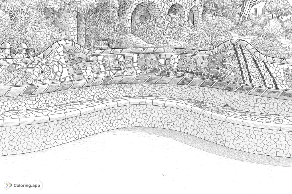 Color the iconic serpentine mosaic bench from Park Güell, featuring intricate patterns and a lush garden setting. A highly detailed free printable coloring page.