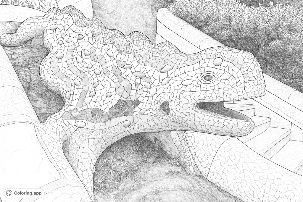 Explore a detailed mosaic creature inspired by Gaudi's iconic artistry. This intricate design features countless tiny tiles and a majestic serpentine form, perfect for creative expression.