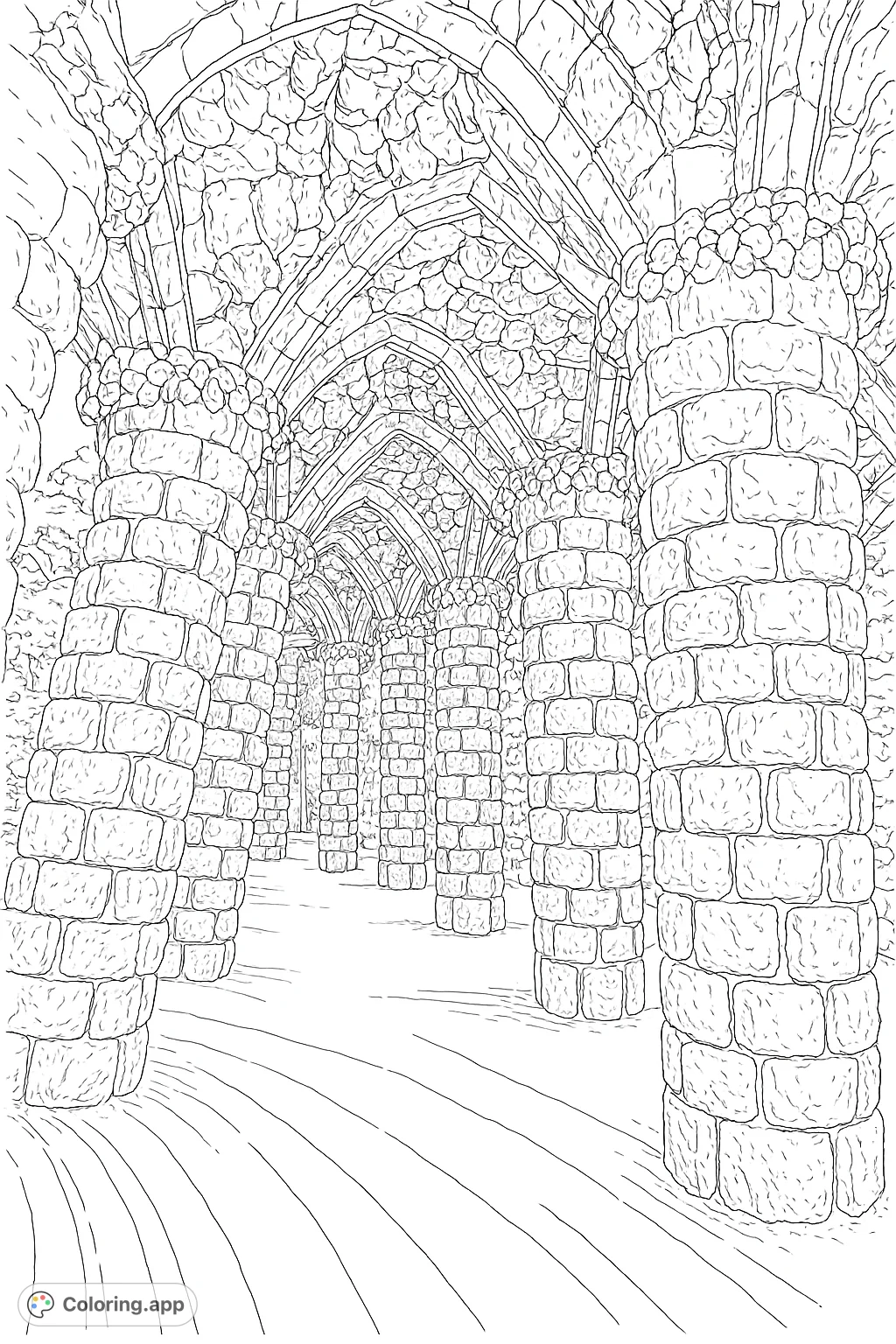 Journey through a highly detailed stone archway path, featuring massive textured pillars and intricate vaulted ceilings. A captivating architectural scene for immersive coloring.