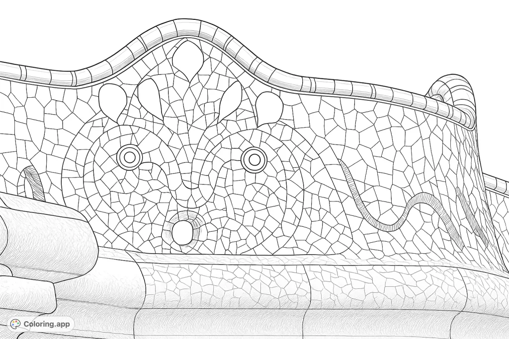 Explore a detailed architectural mosaic bench featuring a stylized face design and intricate tile patterns. A beautiful, realistic scene for mindful coloring.
