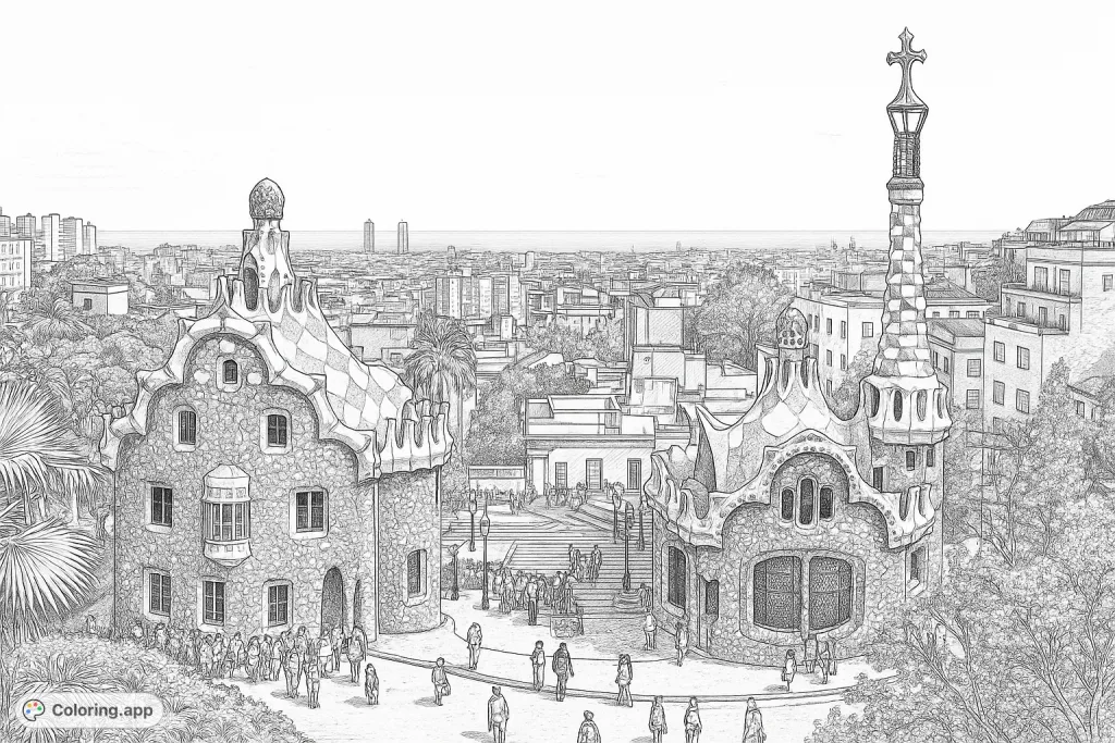 Explore an enchanting cityscape featuring two whimsical, mosaic-detailed buildings and a sprawling urban view towards the ocean. Perfect for creative relaxation.