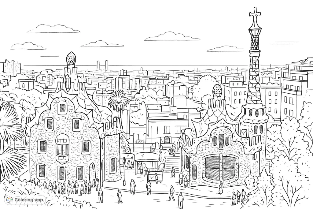 Explore the architectural marvels of Park Güell, featuring whimsical buildings, intricate details, and a sprawling cityscape, perfect for a hand-drawn sketch appearance.