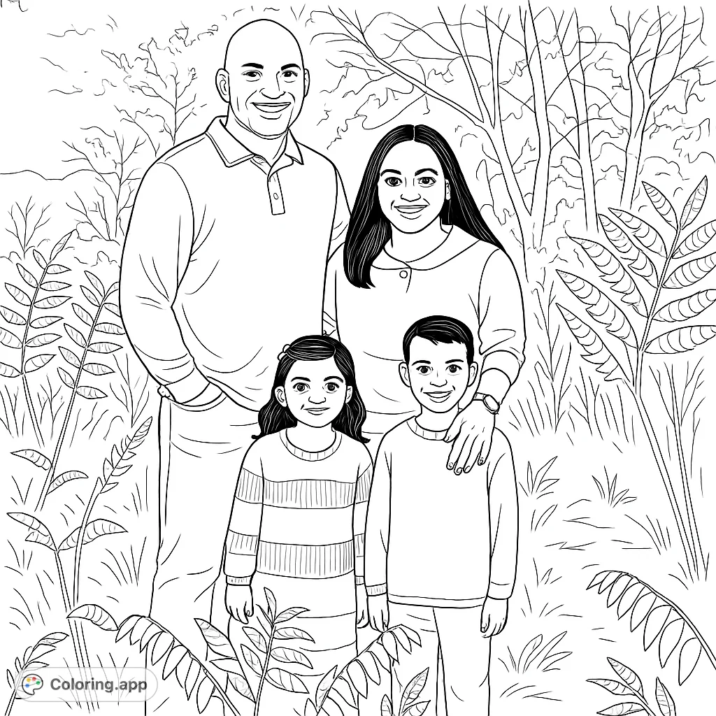 Capture a heartwarming family portrait in a vibrant outdoor setting. Perfect for coloring, this page features four smiling family members surrounded by natural elements.