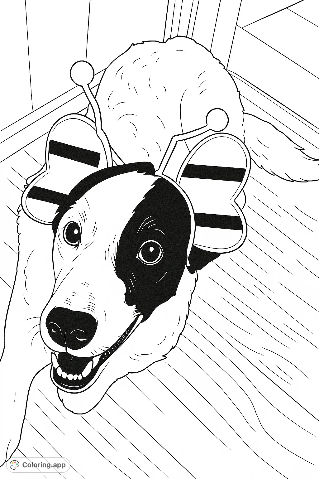 A charming dog wearing an adorable bee costume, complete with striped wings and antennae, lies playfully on the floor, ready for creative coloring fun.