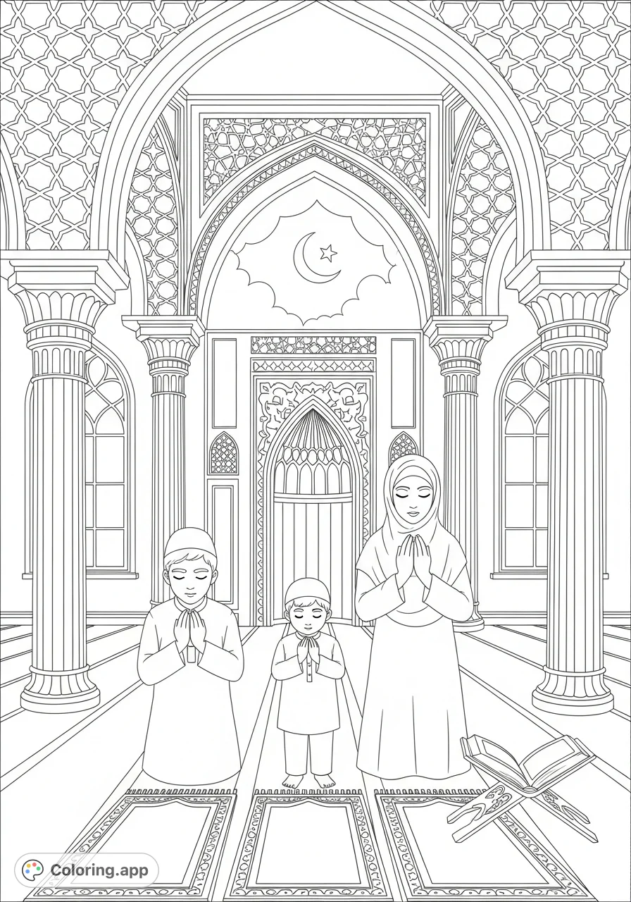 Discover a beautiful Muslim family prayer coloring page, featuring a child and parents in a mosque with a crescent moon and Quran.
