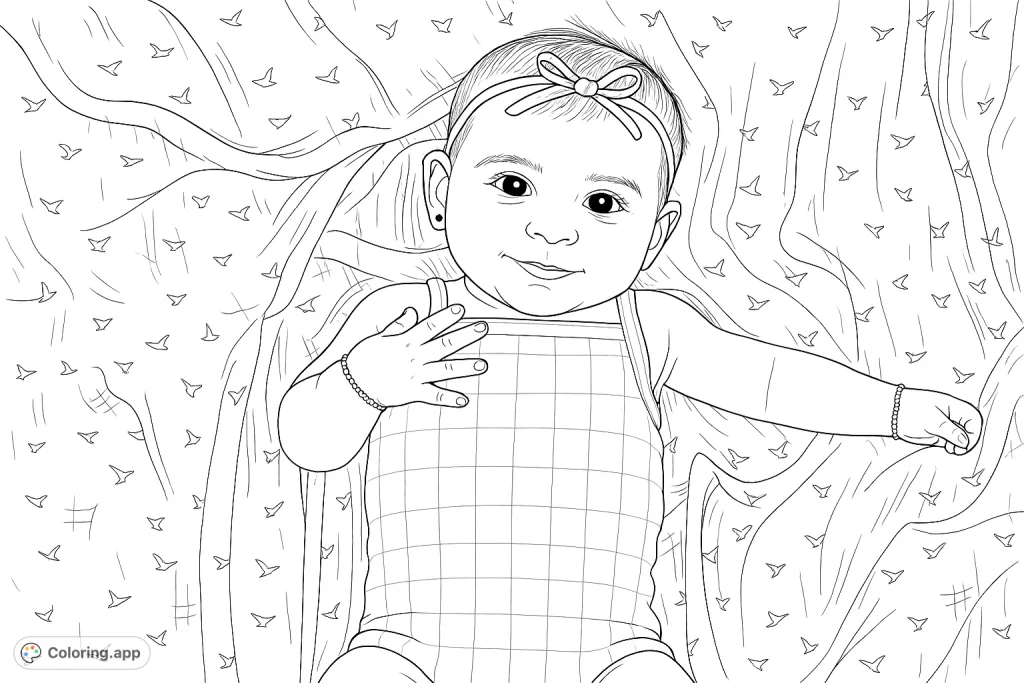 Capture the tender innocence of a smiling baby, adorned with a bow and bracelets, resting on a softly patterned blanket. Perfect for joyful coloring!