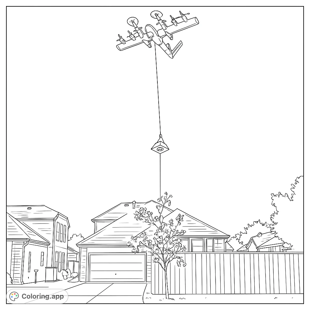 A futuristic drone delivers a package over a suburban neighborhood, showcasing modern technology above homes and trees. A unique tech-themed coloring page.