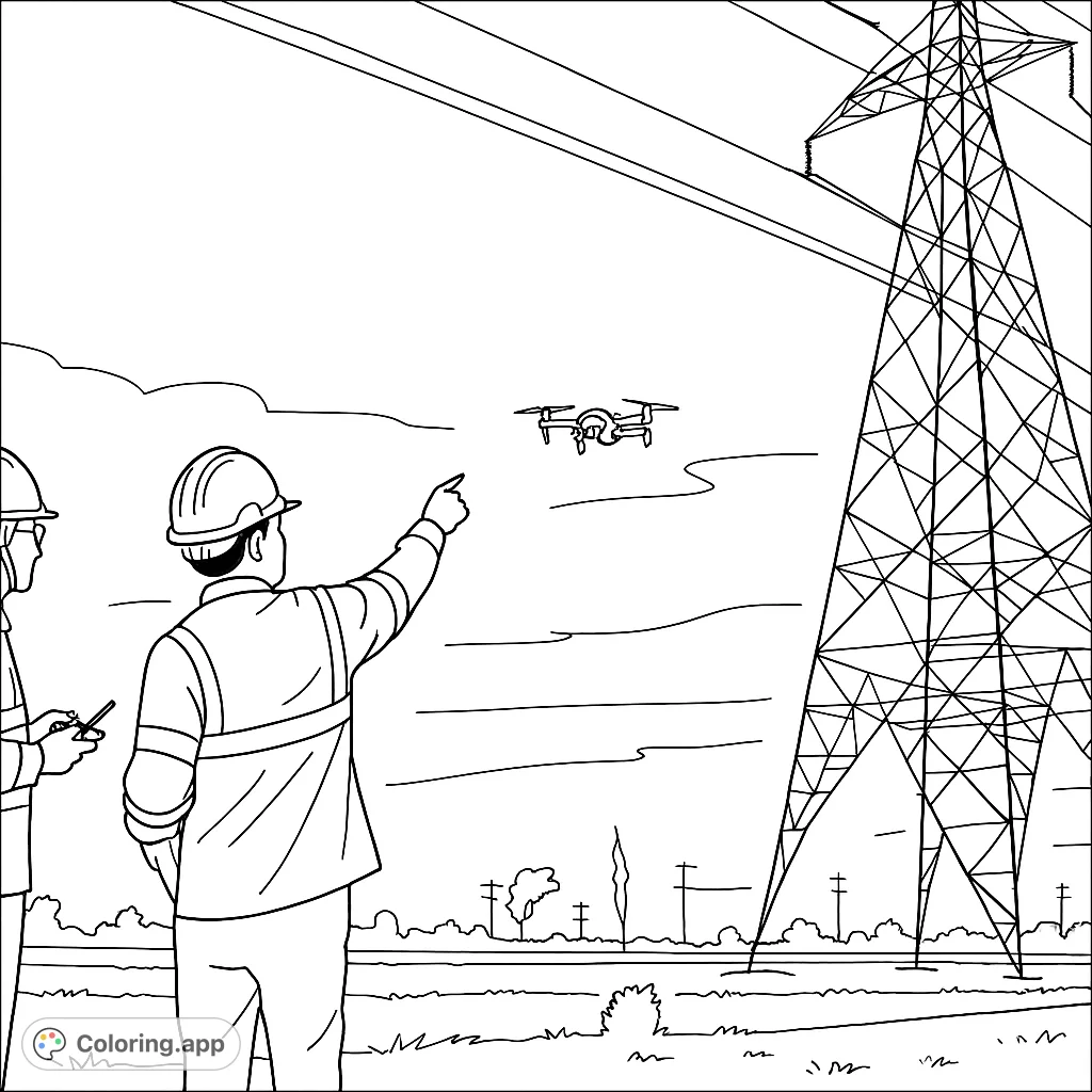 A detailed drone inspection coloring page featuring two engineers observing a drone near a large power tower against an expansive sky.