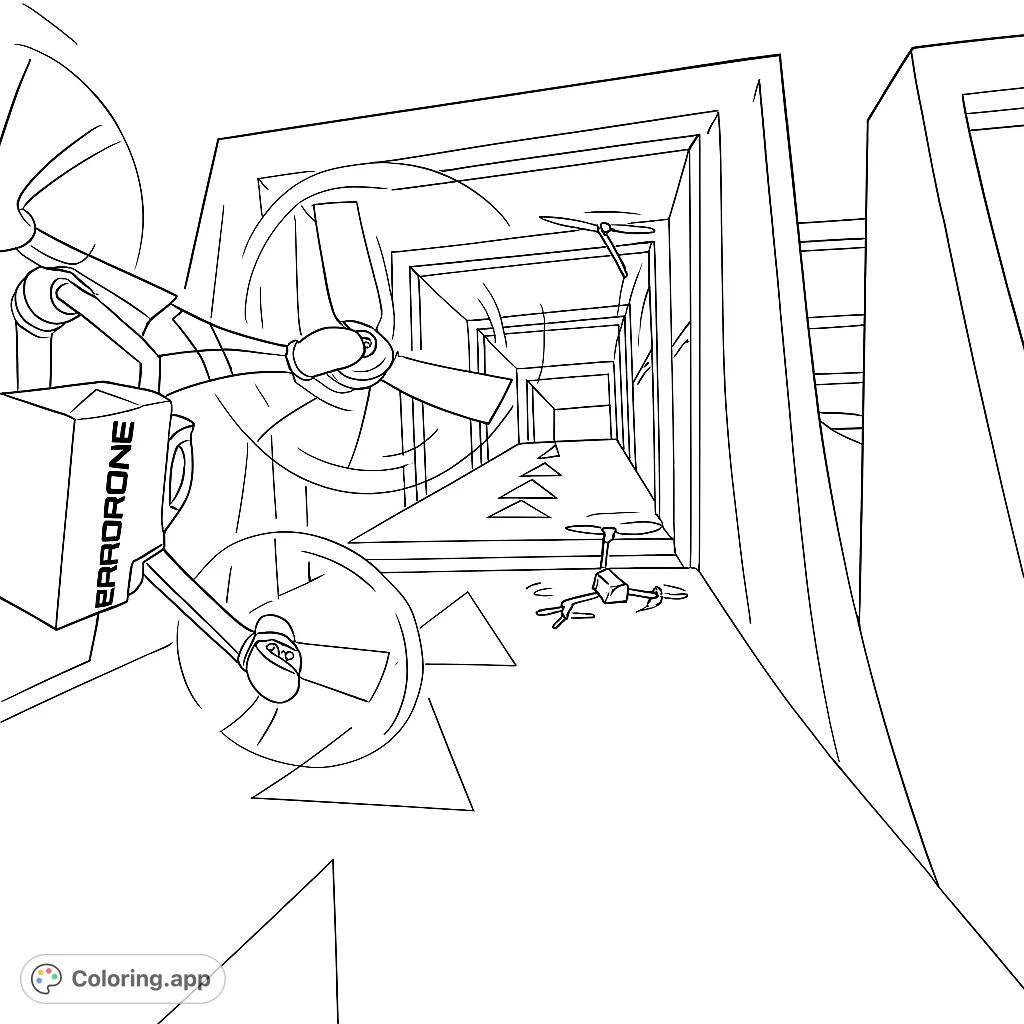 Soar through a futuristic tunnel with a high-speed drone race. Features detailed quadcopters navigating a glowing, geometric course.