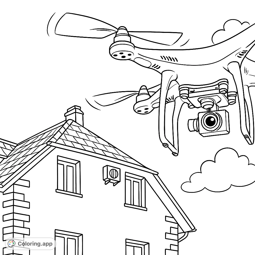 Capture the excitement of technology with this drone coloring page. A modern quadcopter flies above a detailed house against an open sky.