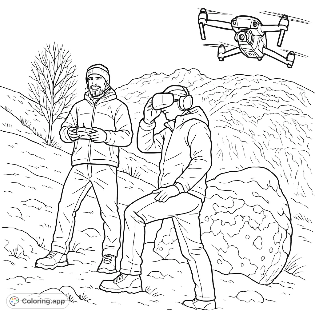 Explore a snowy mountain scene with two adventurers and a drone in flight. Perfect for those who love technology, outdoor exploration, and winter landscapes.