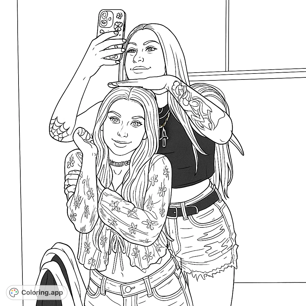 Capture modern style with this trendy friends mirror selfie coloring page. Features two young women, intricate tattoos, lace patterns, and distressed denim details.