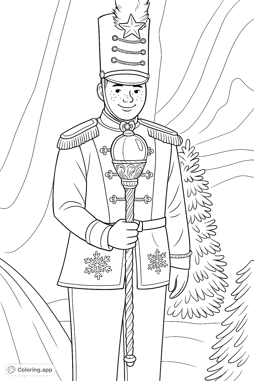 An intricate toy soldier or nutcracker in a grand uniform, holding a ceremonial staff, perfect for detailed coloring and holiday cheer.