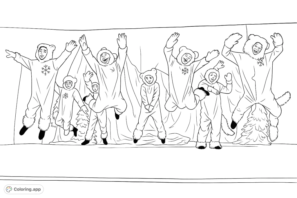 Energetic winter animal performers jump on stage, adorned with snowflake emblems and furry costumes. A lively scene perfect for creative coloring.