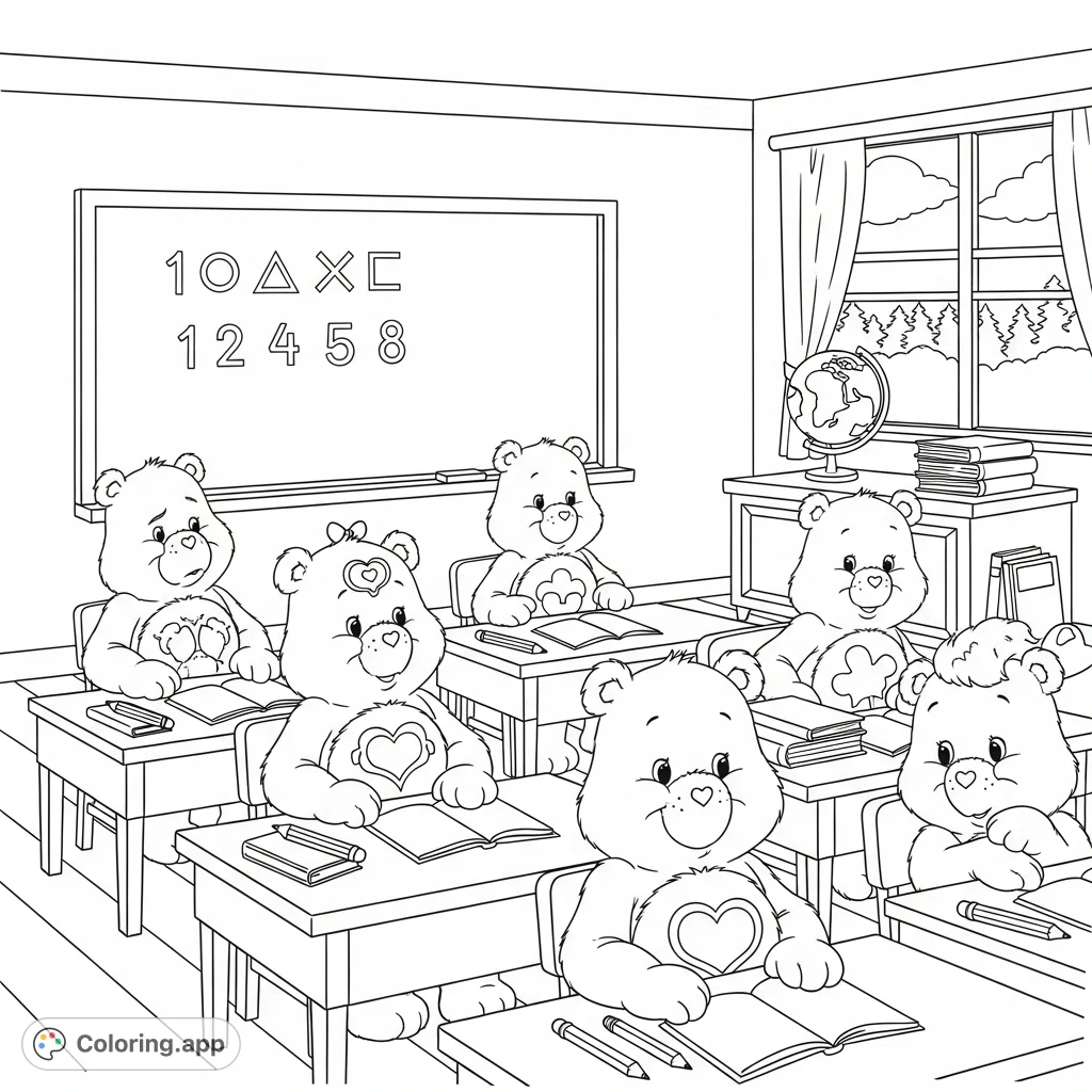 Join Grumpy, Cheer, and Funshine Bear for an adorable classroom adventure! This delightful coloring page features Care Bears learning, perfect for sparking joy.