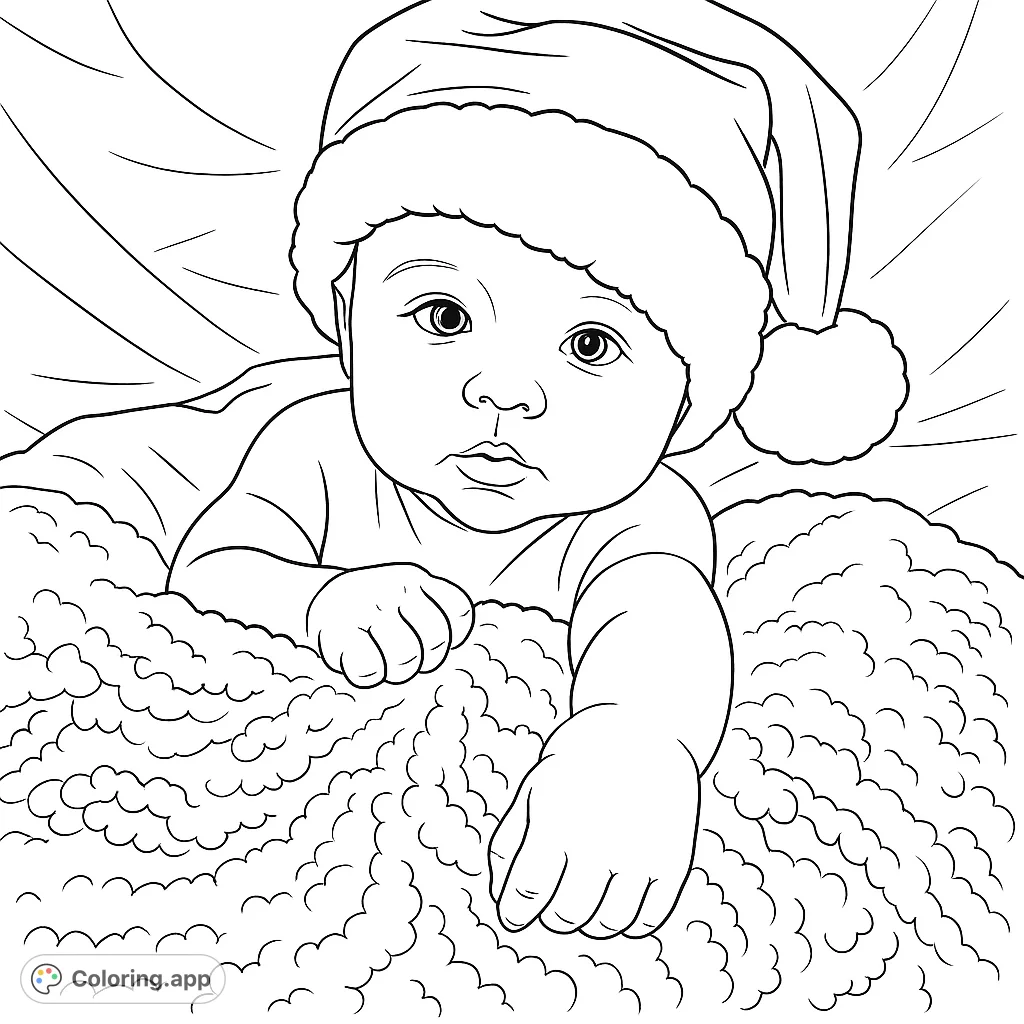 An adorable baby lies on a soft blanket, wearing a festive hat with a fluffy brim and pom-pom, bringing sweet holiday joy to colorists of all ages.