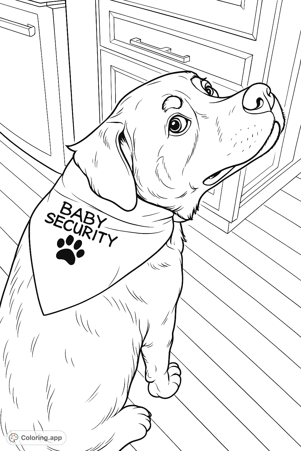 A devoted dog proudly wears a 'Baby Security' bandana, ready to guard its new family member. Perfect for pet lovers and expecting parents.