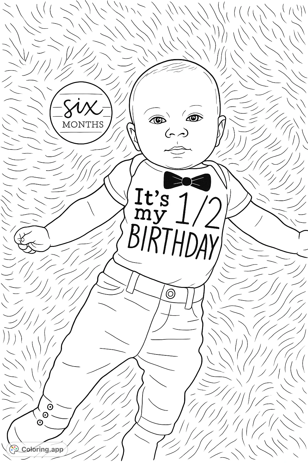 Celebrate a little one's half-birthday with this adorable baby coloring page. Featuring a festive outfit and milestone marker on a cozy texture.