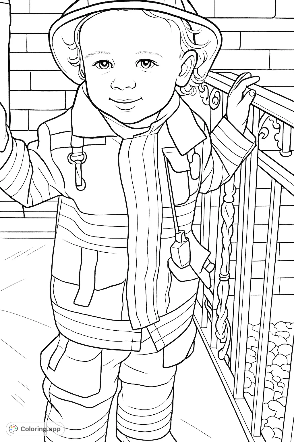 An adorable toddler dressed as a firefighter, holding a railing, ready for adventure. A fun and inspiring free printable firefighter coloring page for kids.