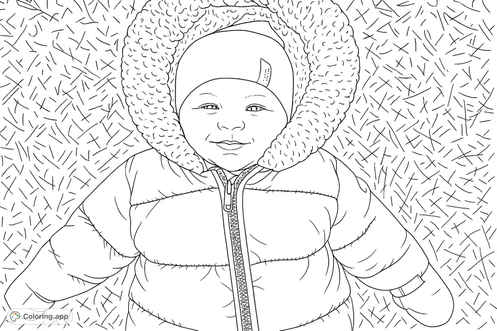 A delightful winter coloring page featuring a bundled baby with a cheerful smile, lying on a snowy ground. Perfect for capturing seasonal joy and warmth.