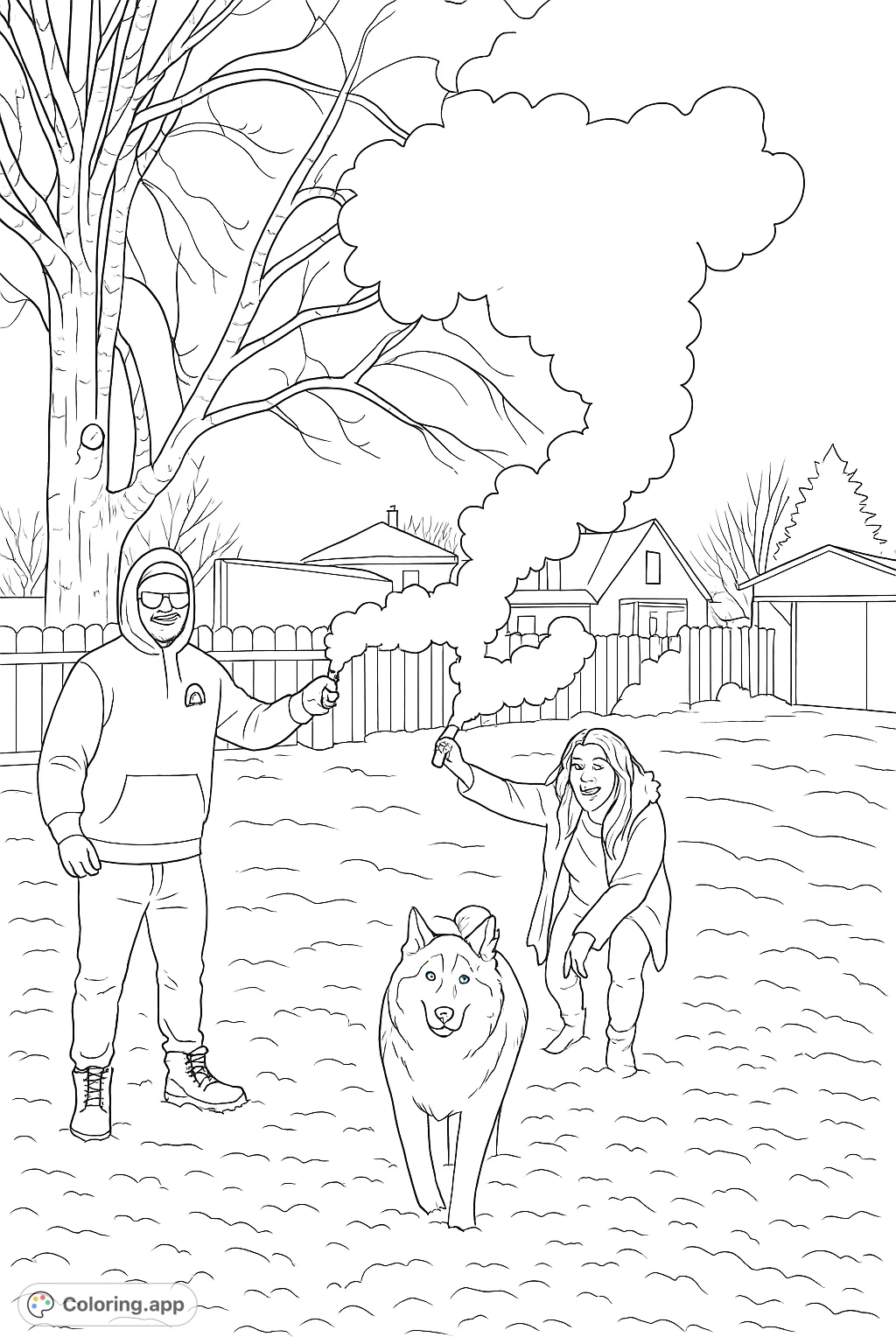 Capture a joyful snowy celebration scene with two people, a dog, and exciting smoke effects. Perfect for personalizing any special moment.