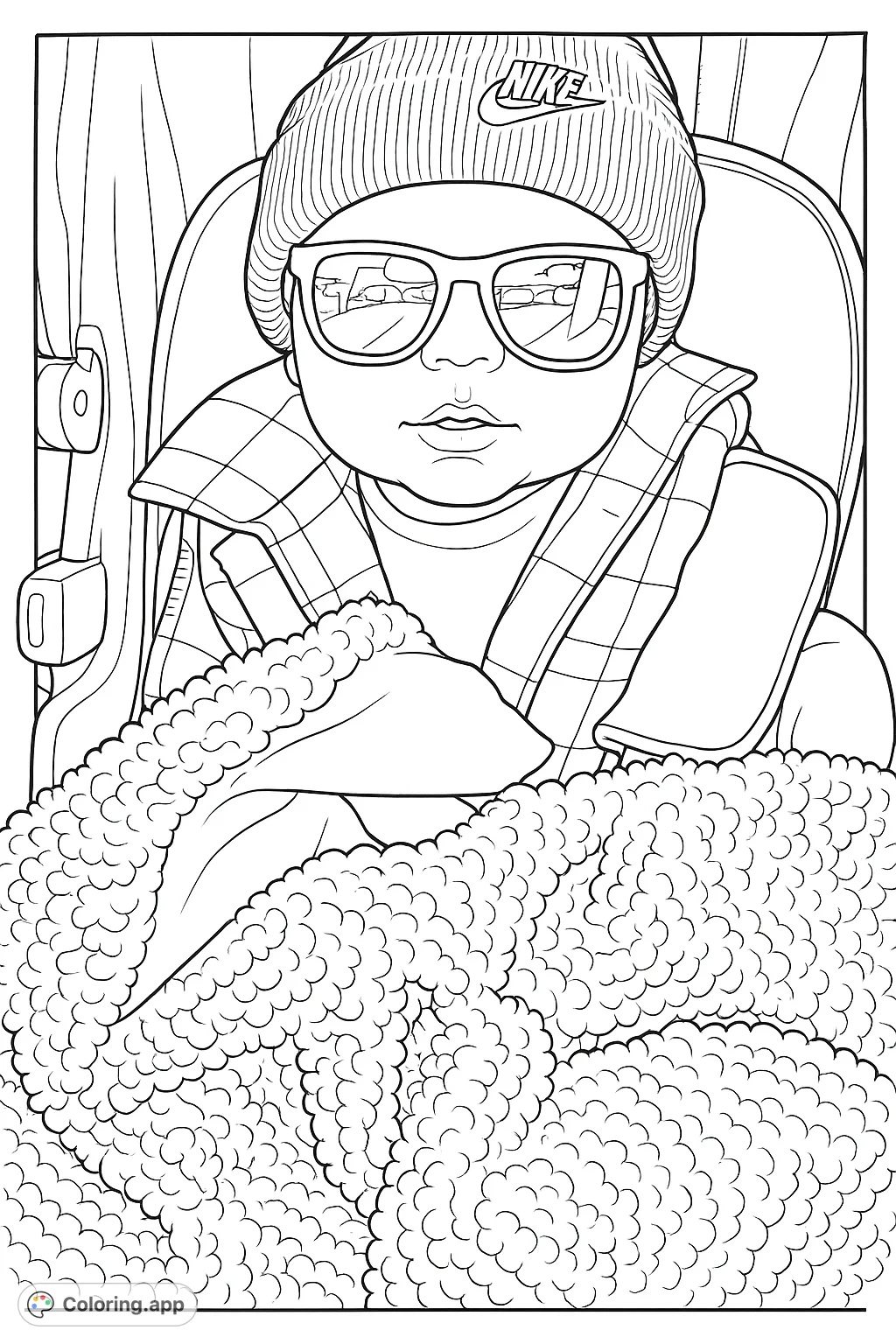 A charming baby sporting a beanie and cool sunglasses, bundled in a plaid jacket and cozy blanket in a stroller. Perfect for a fun, stylish coloring adventure.