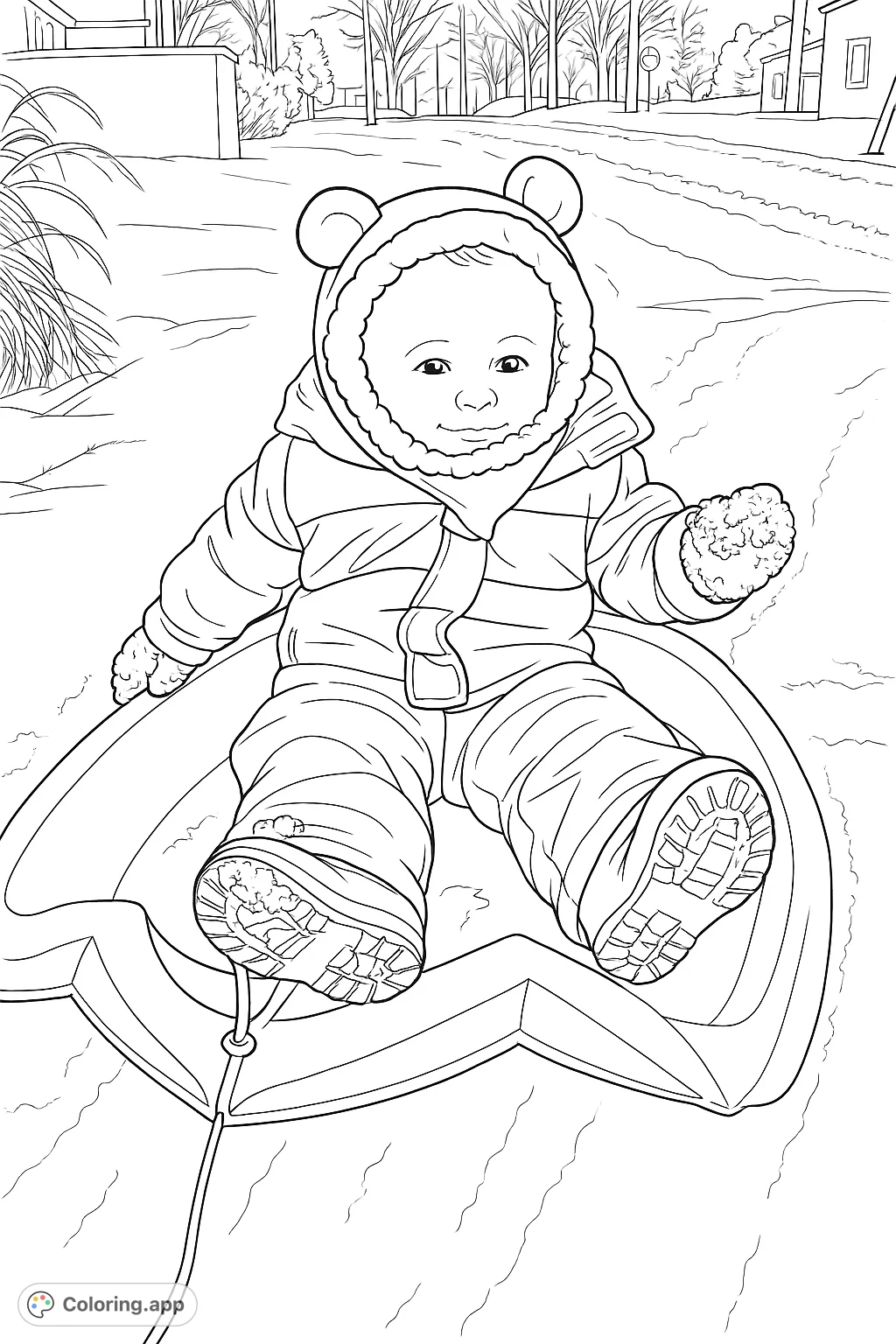 A delightful winter scene featuring a bundled-up child smiling on a sled amidst fresh snow. Perfect for a cozy winter wonderland coloring page.