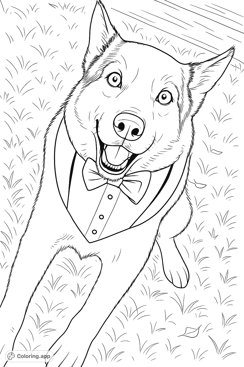 A charming husky dog in a dapper tuxedo bandana, capturing a joyful expression. Perfect for dog lovers seeking a fun and elegant coloring experience.