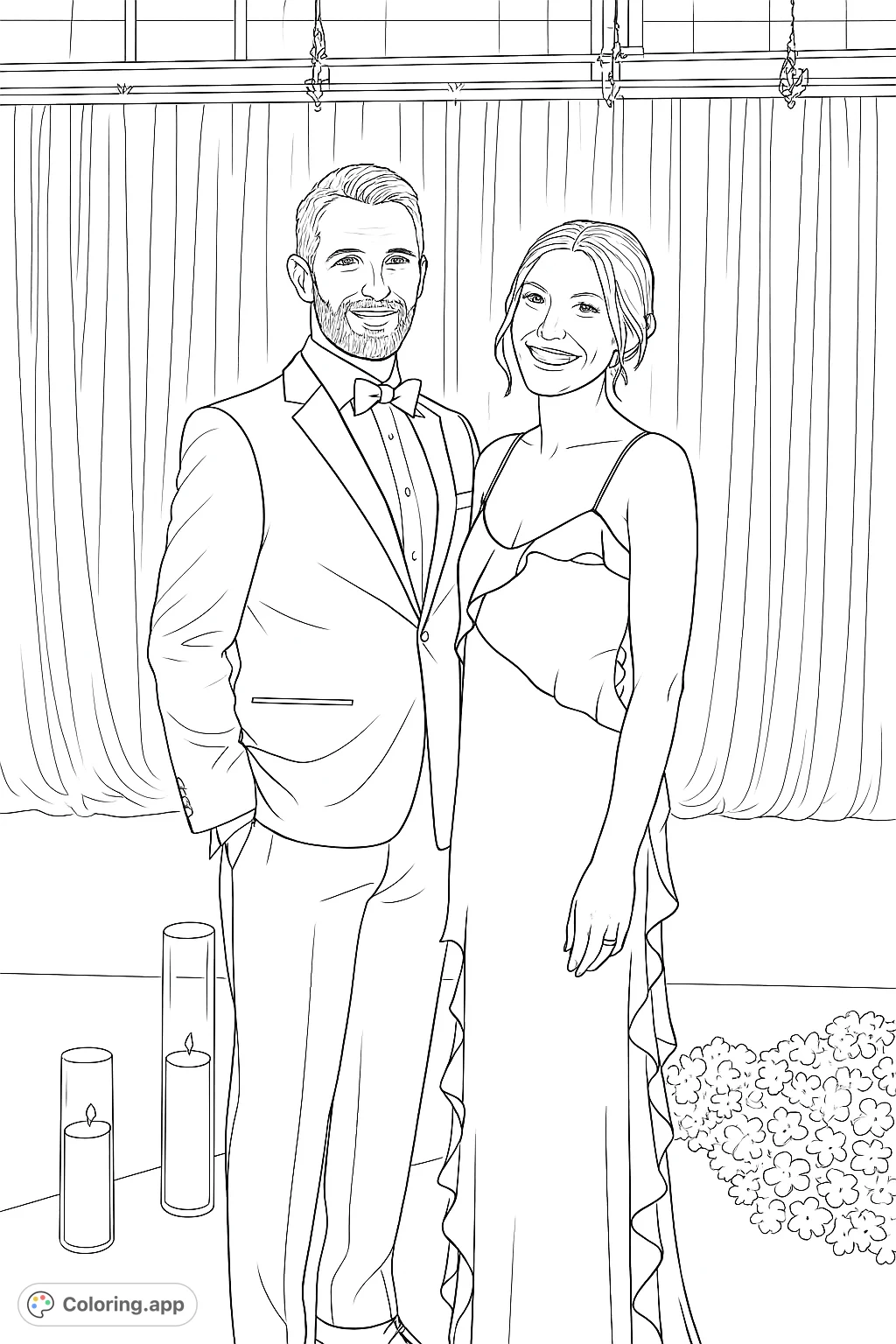 Capture a special moment with this elegant couple coloring page, featuring a man in a suit and a woman in a ruffled gown, set against a draped background.