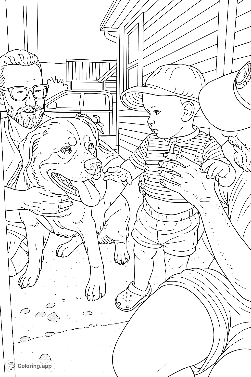 A heartwarming scene: a man holds a dog, a baby in a hat reaches out, and another supports the child. A perfect family and pet interaction coloring page.